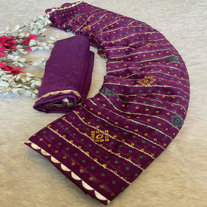 Purple Bandhani Printed Chiffon Saree with Graceful Touches of Zari Work