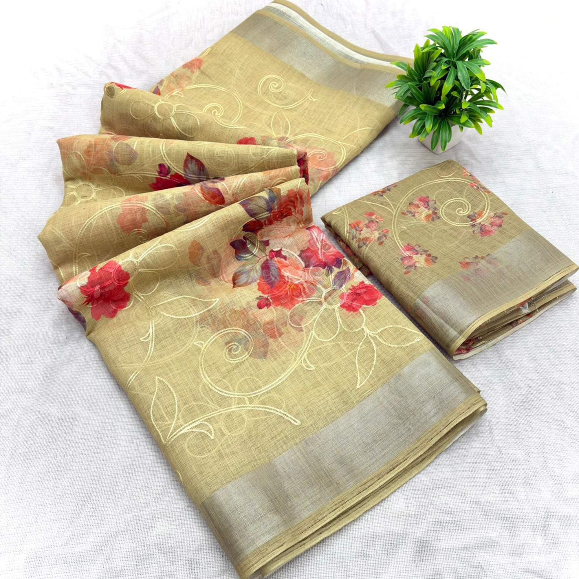 Beige Floral Printed Linen Cotton Saree with Subtle Texture and Thread Work Highlights