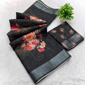 Black Floral Printed Linen Cotton Saree with Subtle Texture and Thread Work Highlights