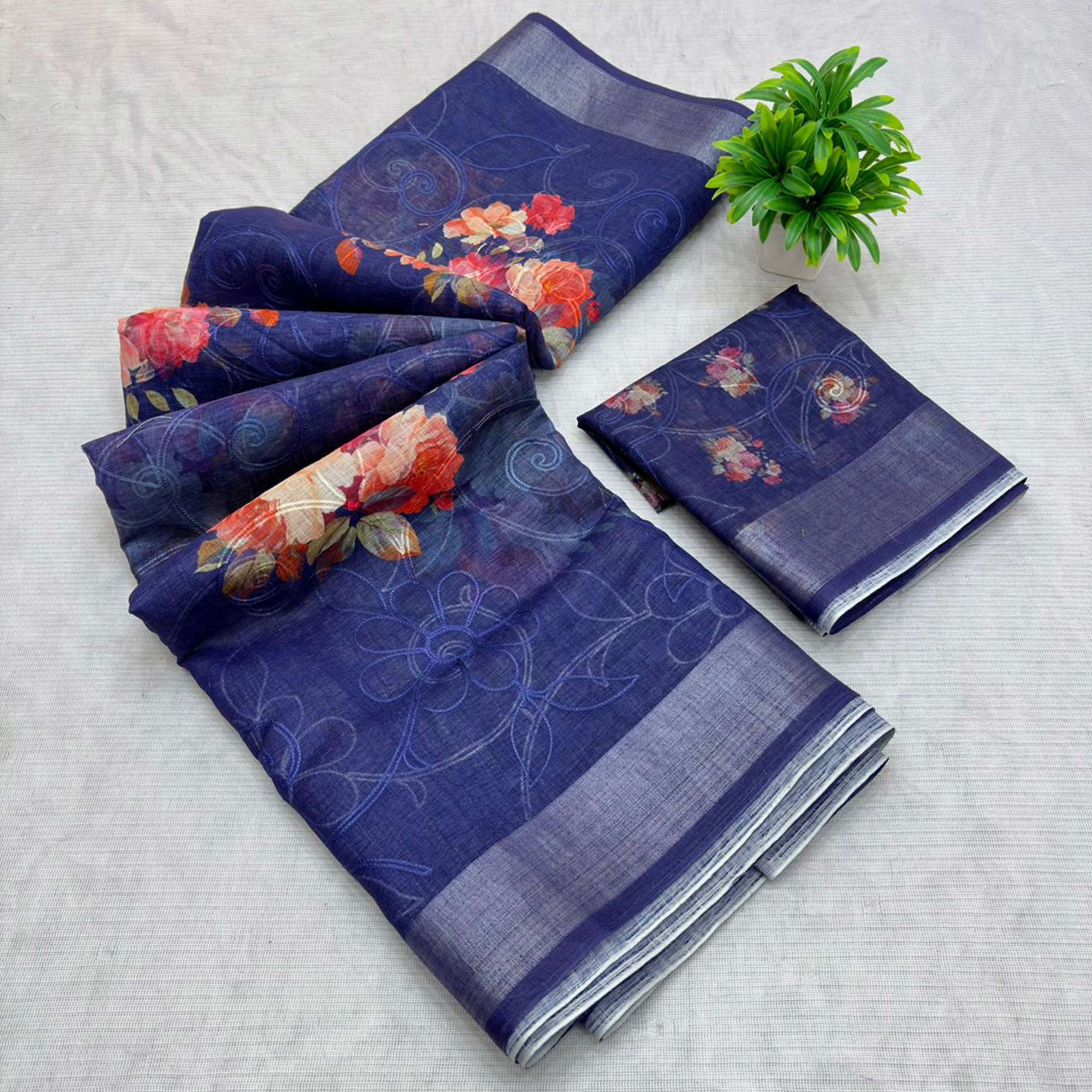 Blue Floral Printed Linen Cotton Saree with Subtle Texture and Thread Work Highlights