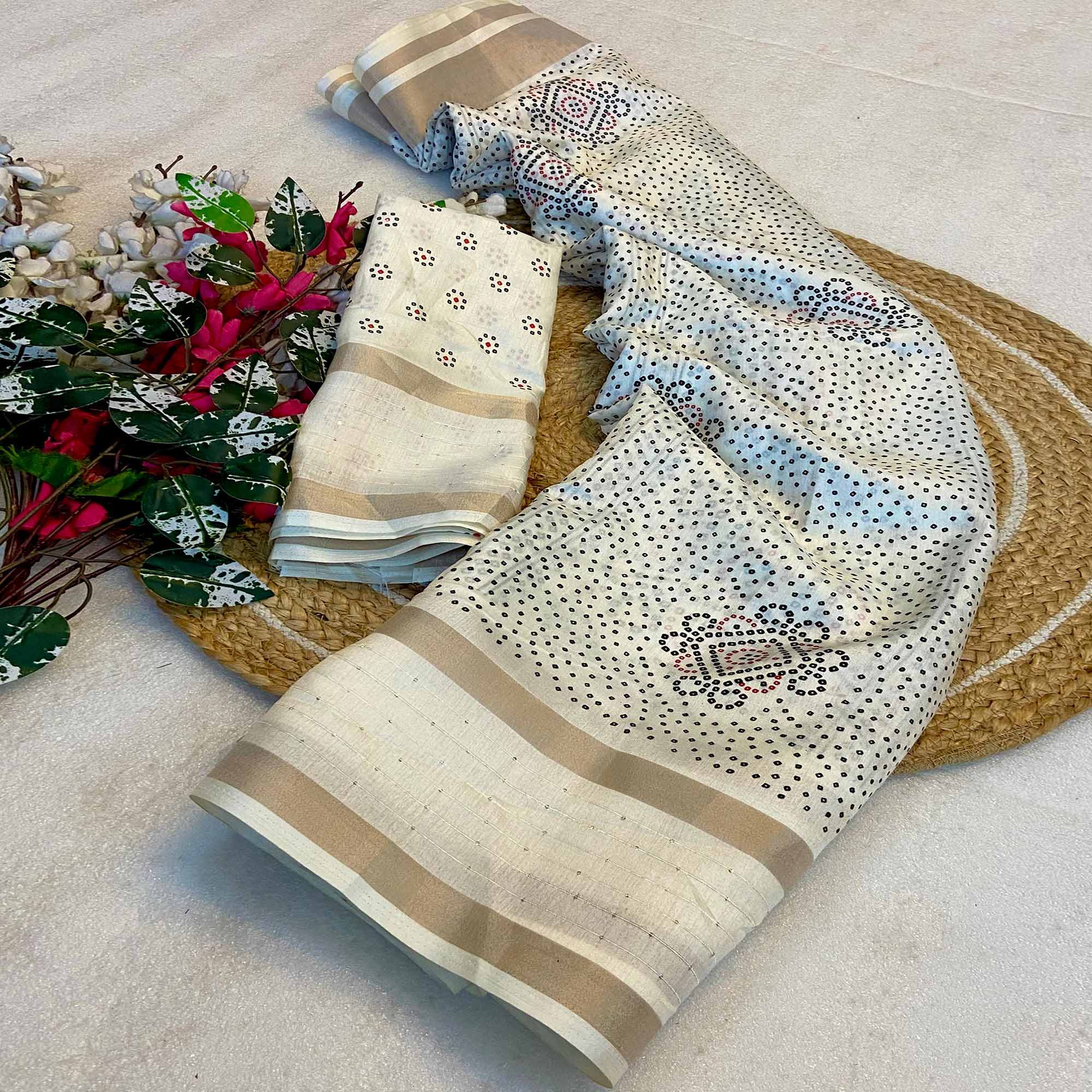 Cream Saree in Dola Silk with Bandhani Print and Shimmering Sequins Edge