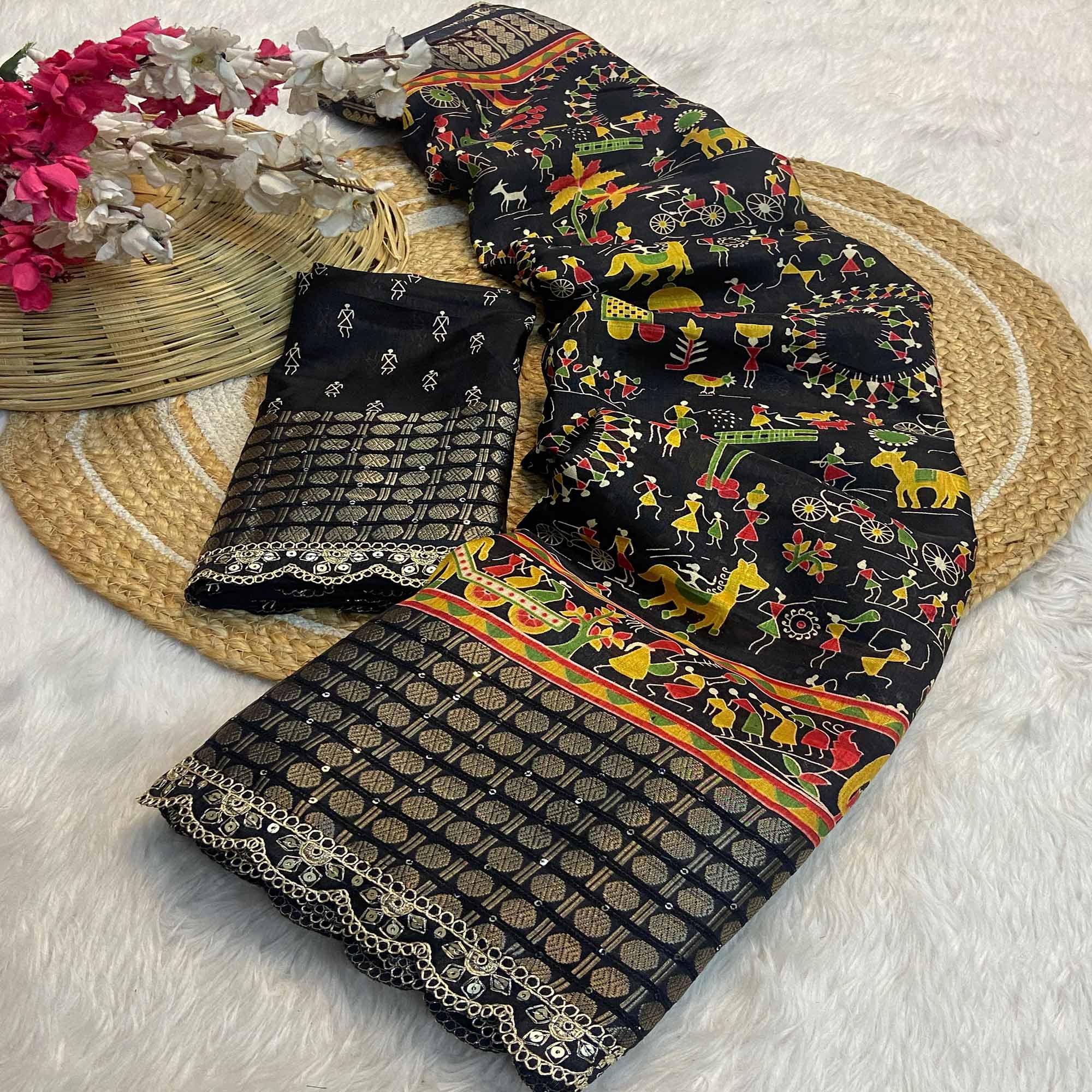 Black Warli Printed Dola Silk Saree With Sequins Border