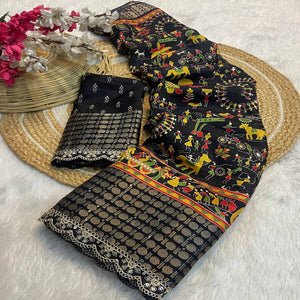 Black Warli Printed Dola Silk Saree With Sequins Border