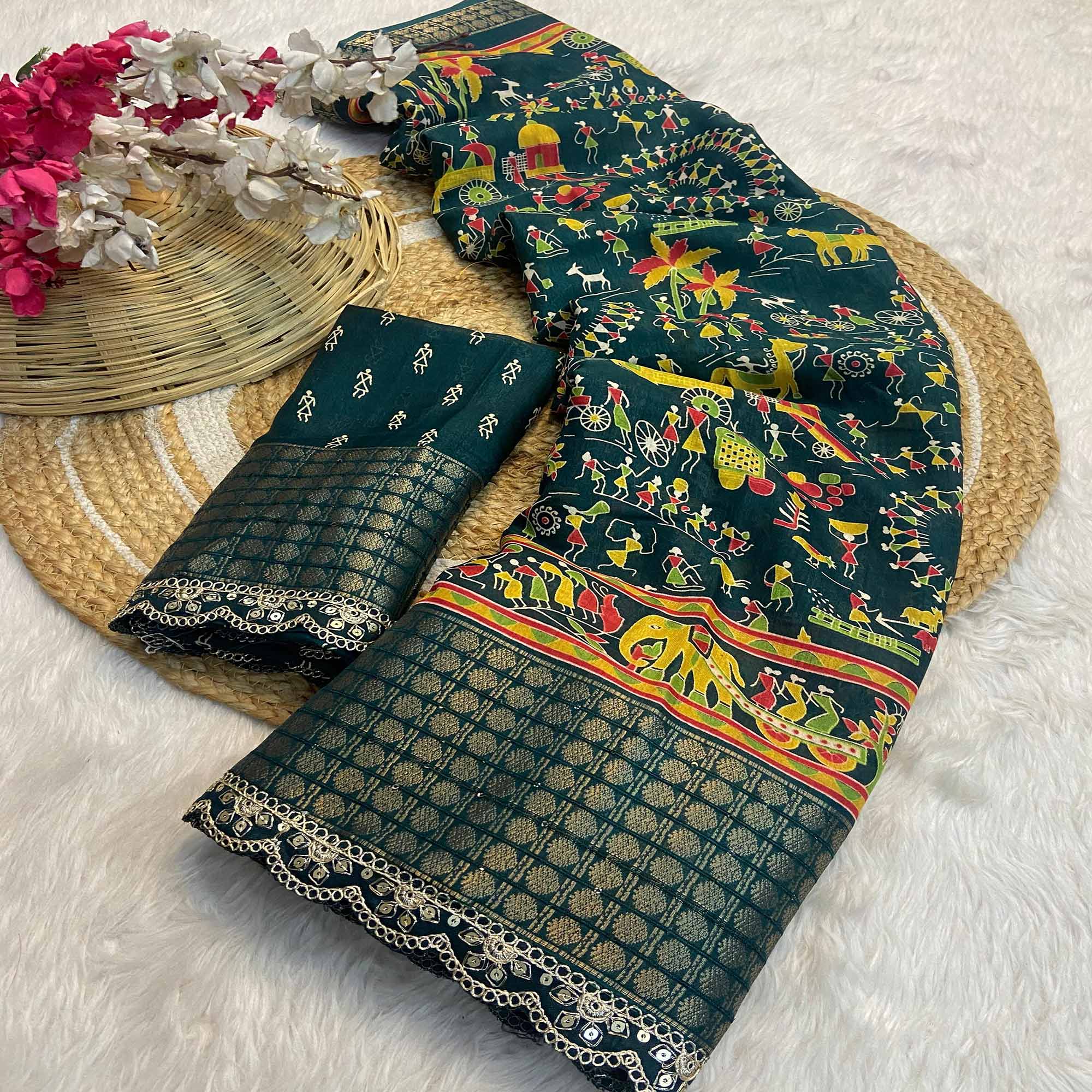 Green Warli Printed Dola Silk Saree With Sequins Border