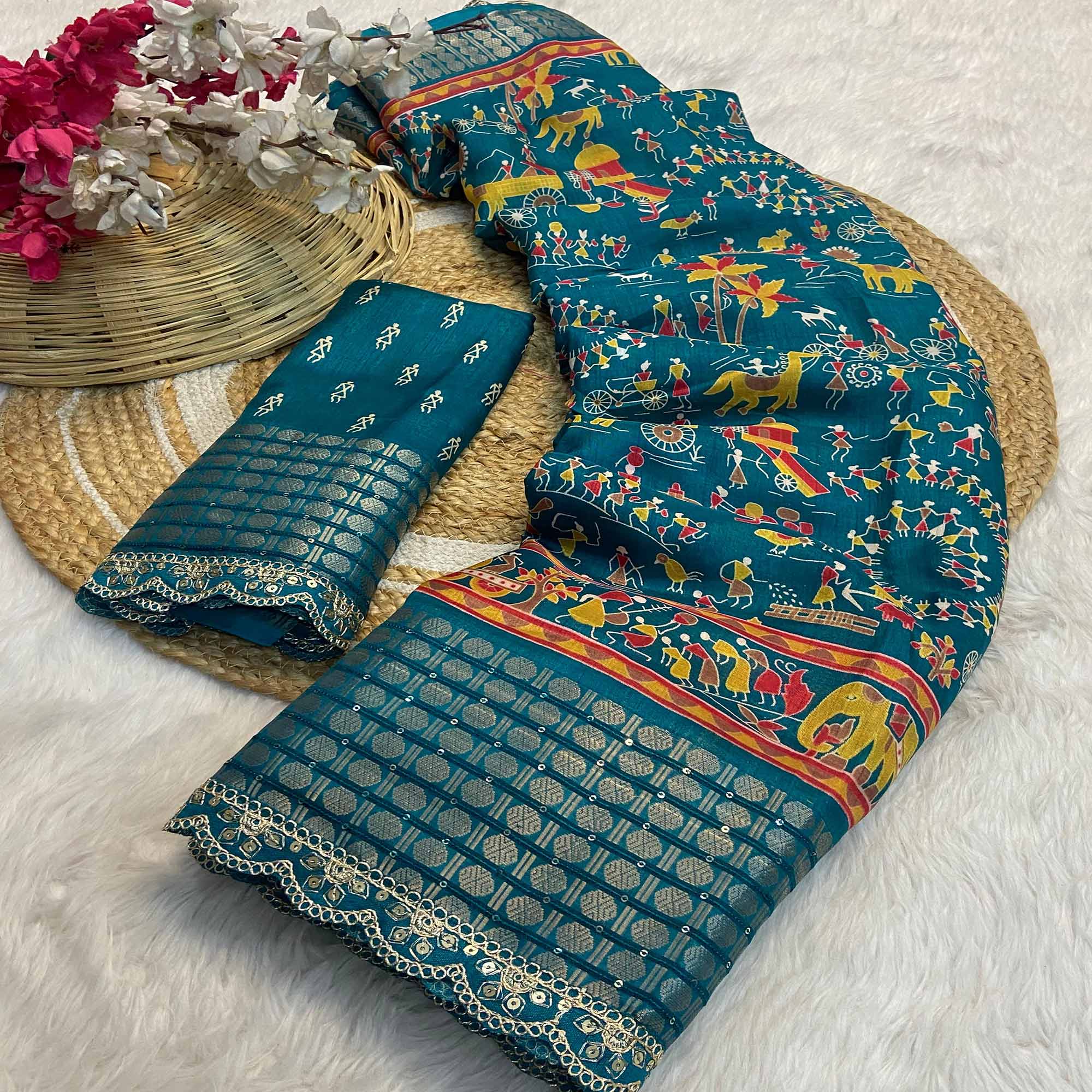 Teal Warli Printed Dola Silk Saree With Sequins Border