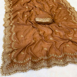 Brown Embroidered Star Georgette Saree Designed for Stylish Party Wear