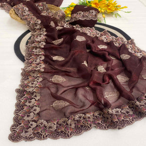 Maroon Embroidered Thread Work Saree in Flowy Chiffon Silk