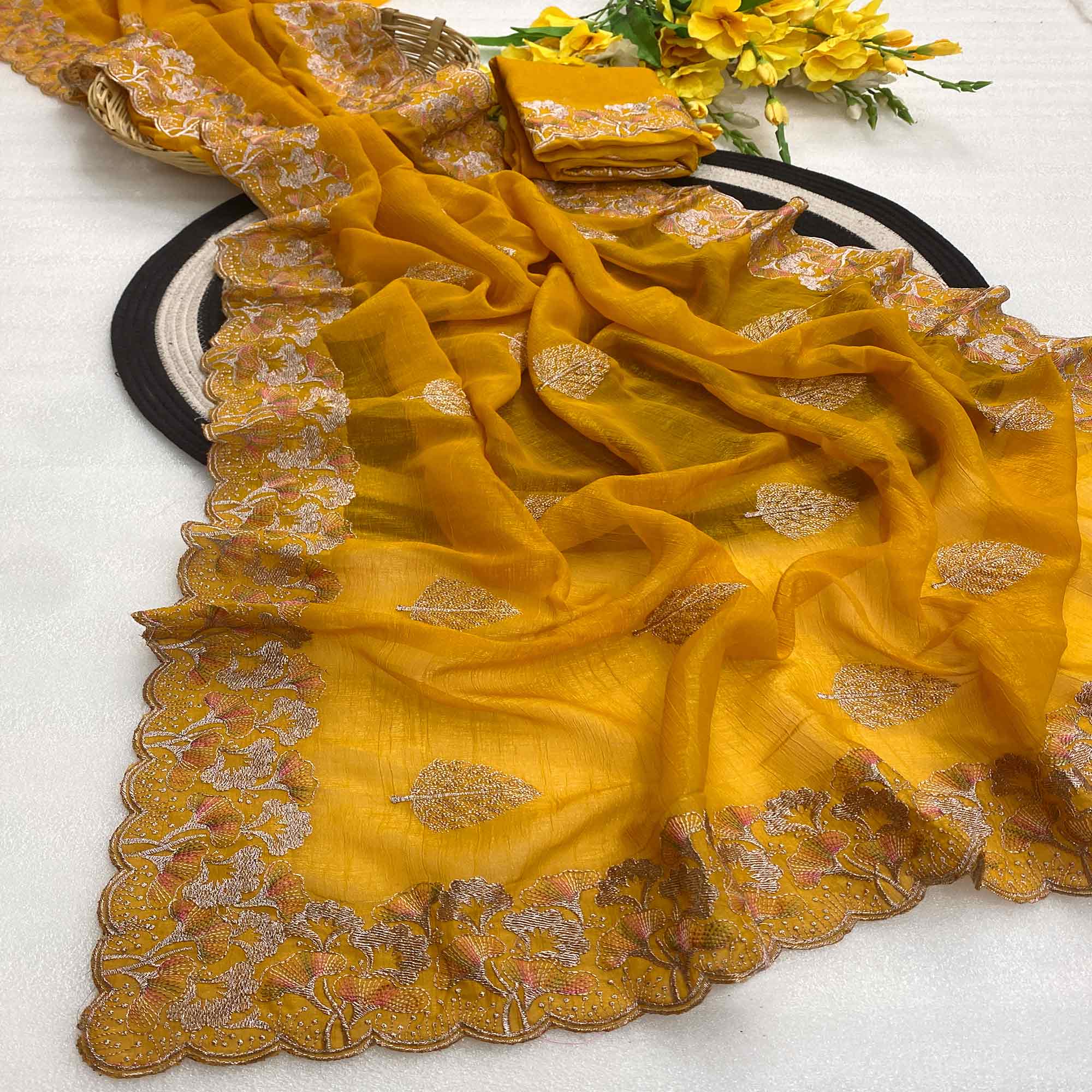 Mustard Embroidered Thread Work Saree in Flowy Chiffon Silk