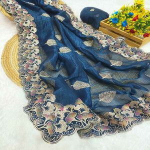 Teal Floral Embroidered Saree in Crunchy Silk Blend