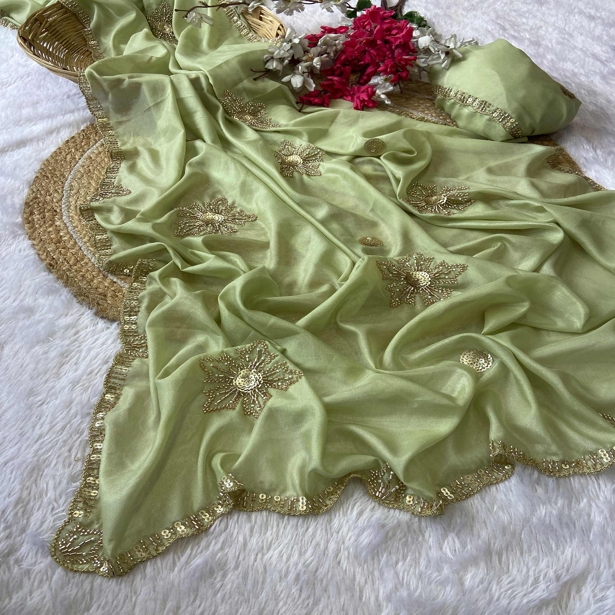 Green Partywear Saree in Crepe with Intricate Stone Work