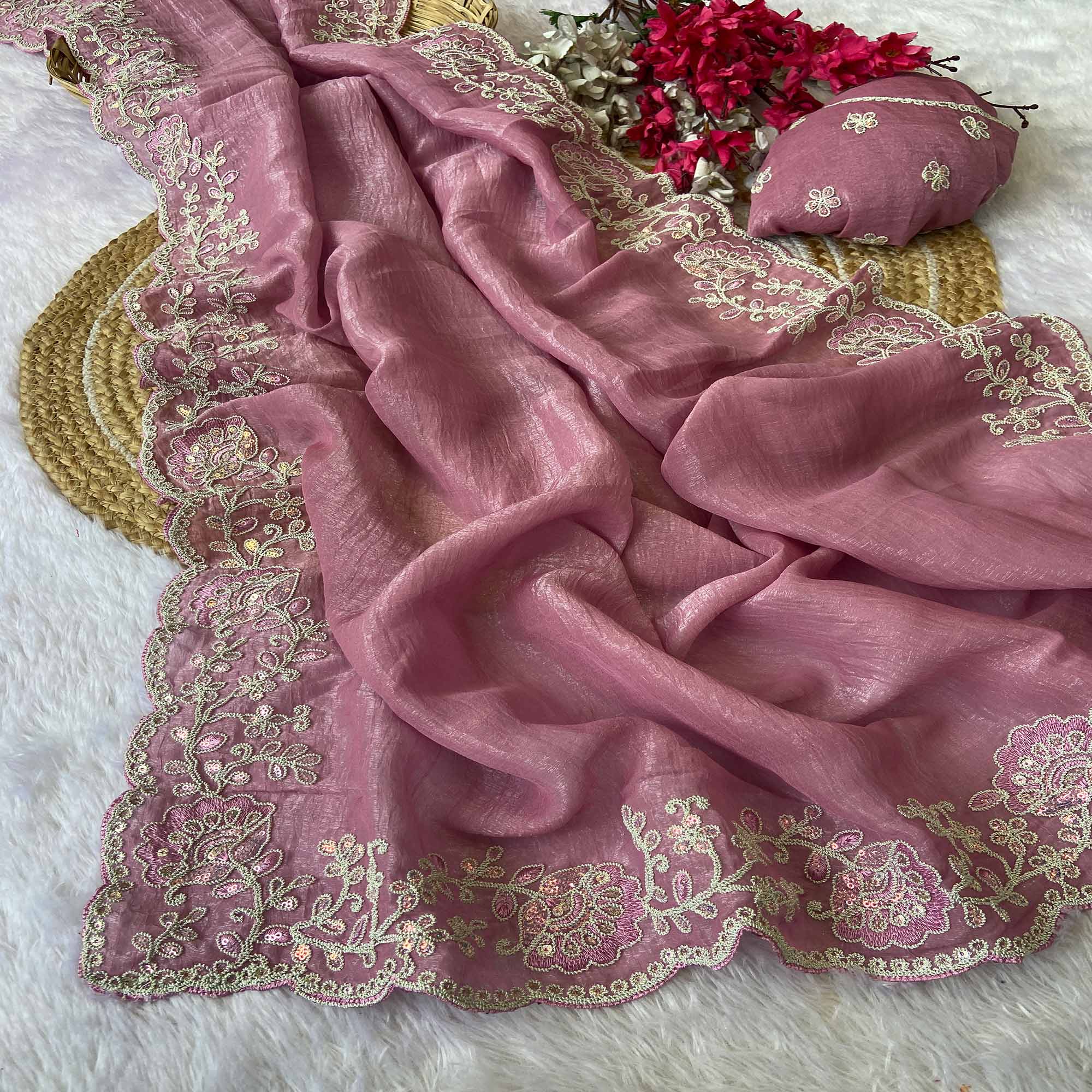 Designer Dusty Pink Crunchy Texture Tissue Saree with Embroidered Highlights