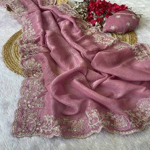 Designer Dusty Pink Crunchy Texture Tissue Saree with Embroidered Highlights