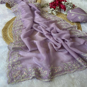 Designer Lavender Crunchy Texture Tissue Saree with Embroidered Highlights