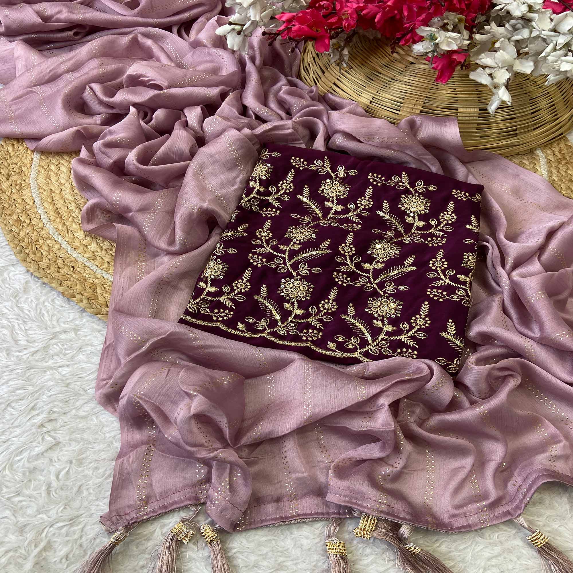 Purple Moss Chiffon Drape with Modern Foil Print Touch