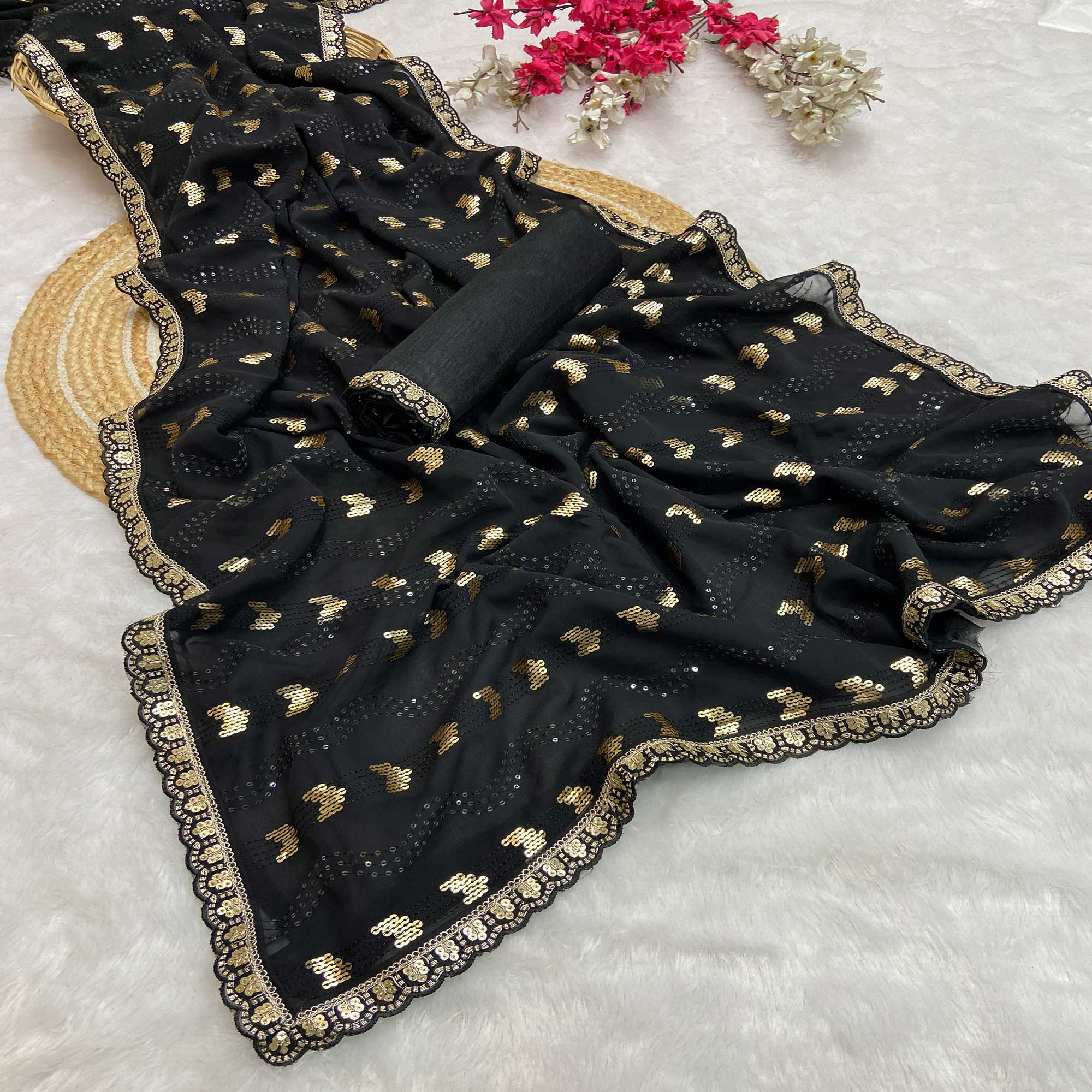 Black Party Saree in Lightweight Georgette with Sequins Embellishment