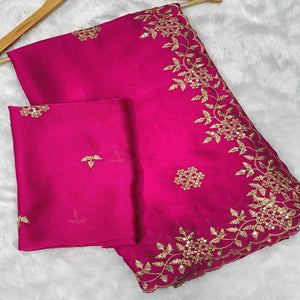 Pink Satin Saree with Intricate Floral Embroidery
