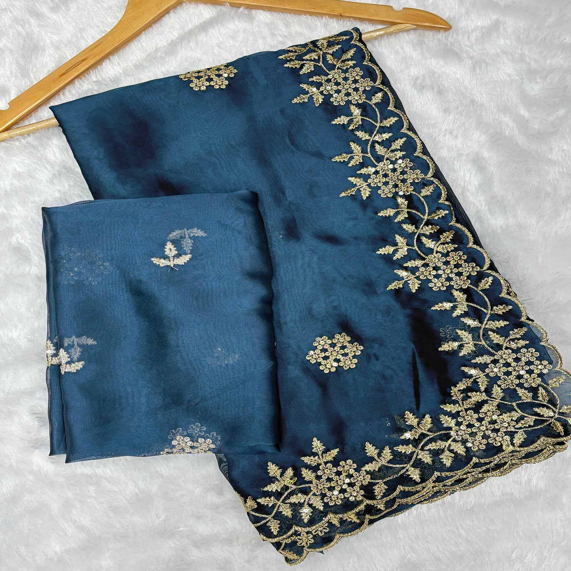 Teal Satin Saree with Intricate Floral Embroidery
