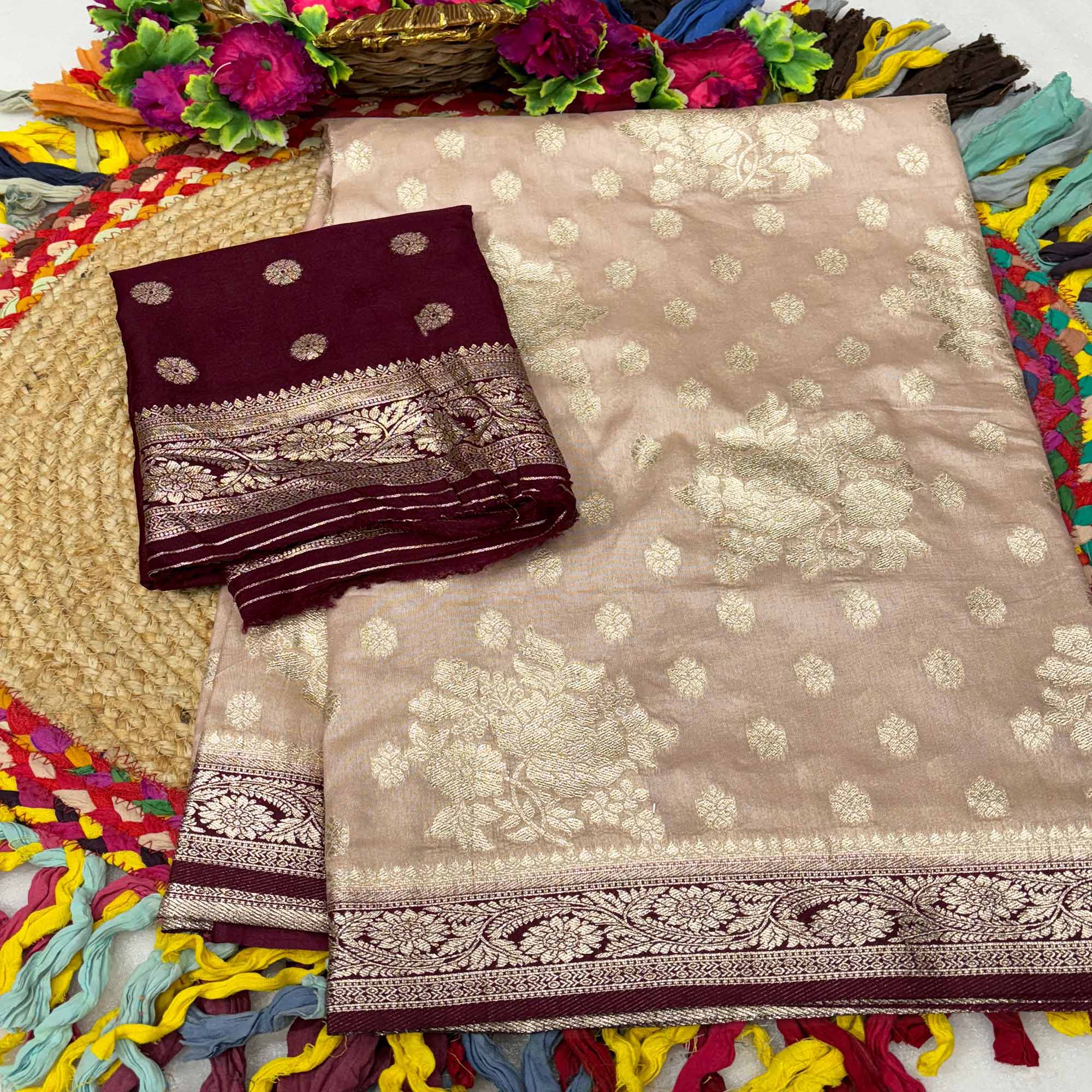 Beige Dola Silk Woven Saree with Allover Zari Butti Design