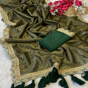 Mehendi Green Net Saree With Intricate Sequin Embroidery & Tassel Embellished Pallu