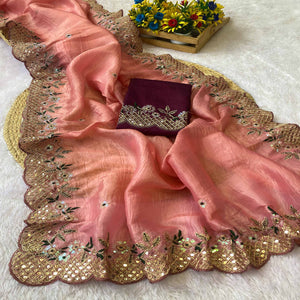 Peach Saree in Tissue Fabric with Feminine Floral Embroidery
