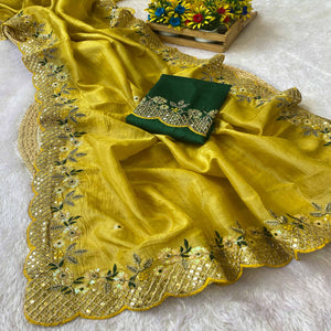 Yellow Saree in Tissue Fabric with Feminine Floral Embroidery