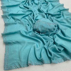 Blue Embellished Silk Blend Saree Featuring Fine Swarovski Stone Detailing