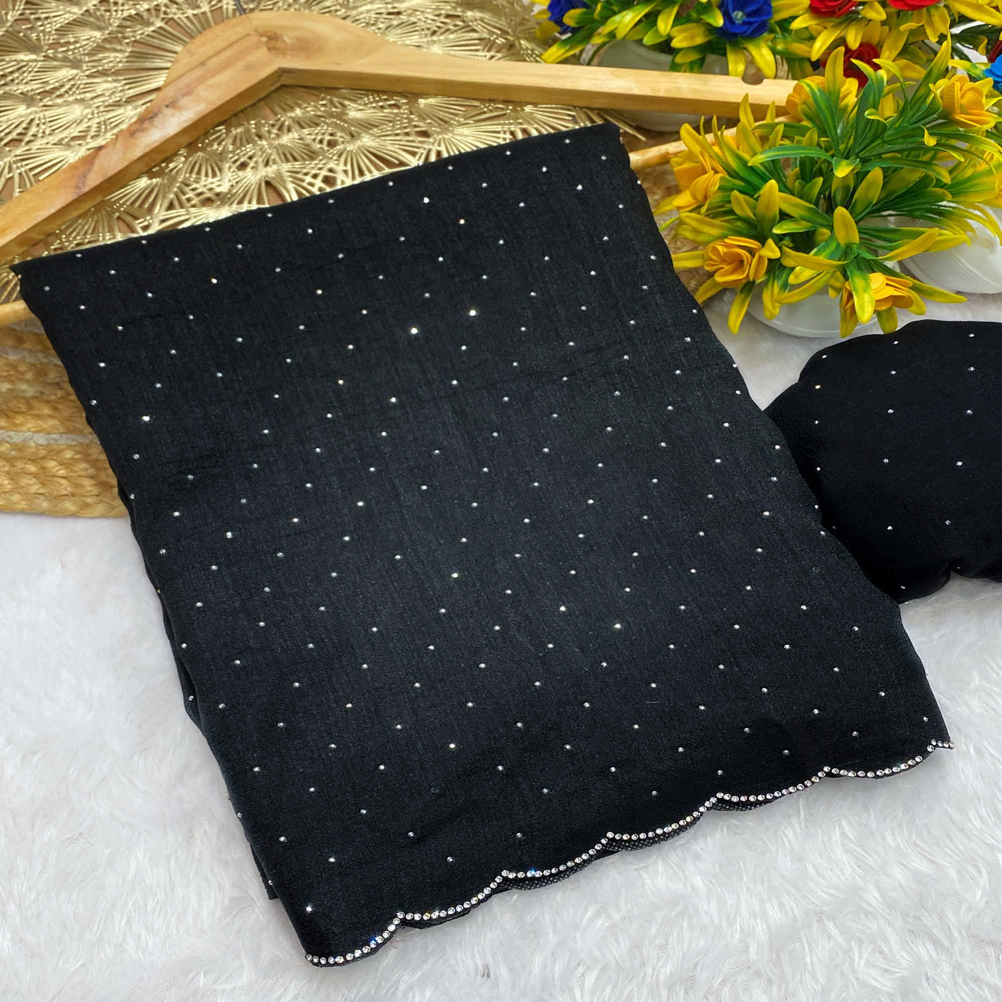 Black Vichitra Silk Saree Accented with Stone Embellishments