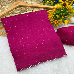 Pink Vichitra Silk Saree Accented with Stone Embellishments