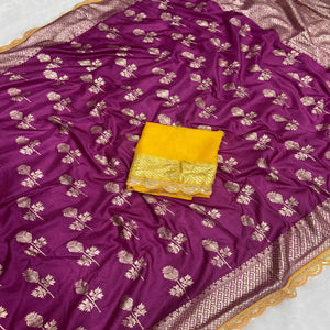 Regal Dola Silk Saree in Deep Purple Featuring Floral Weaves