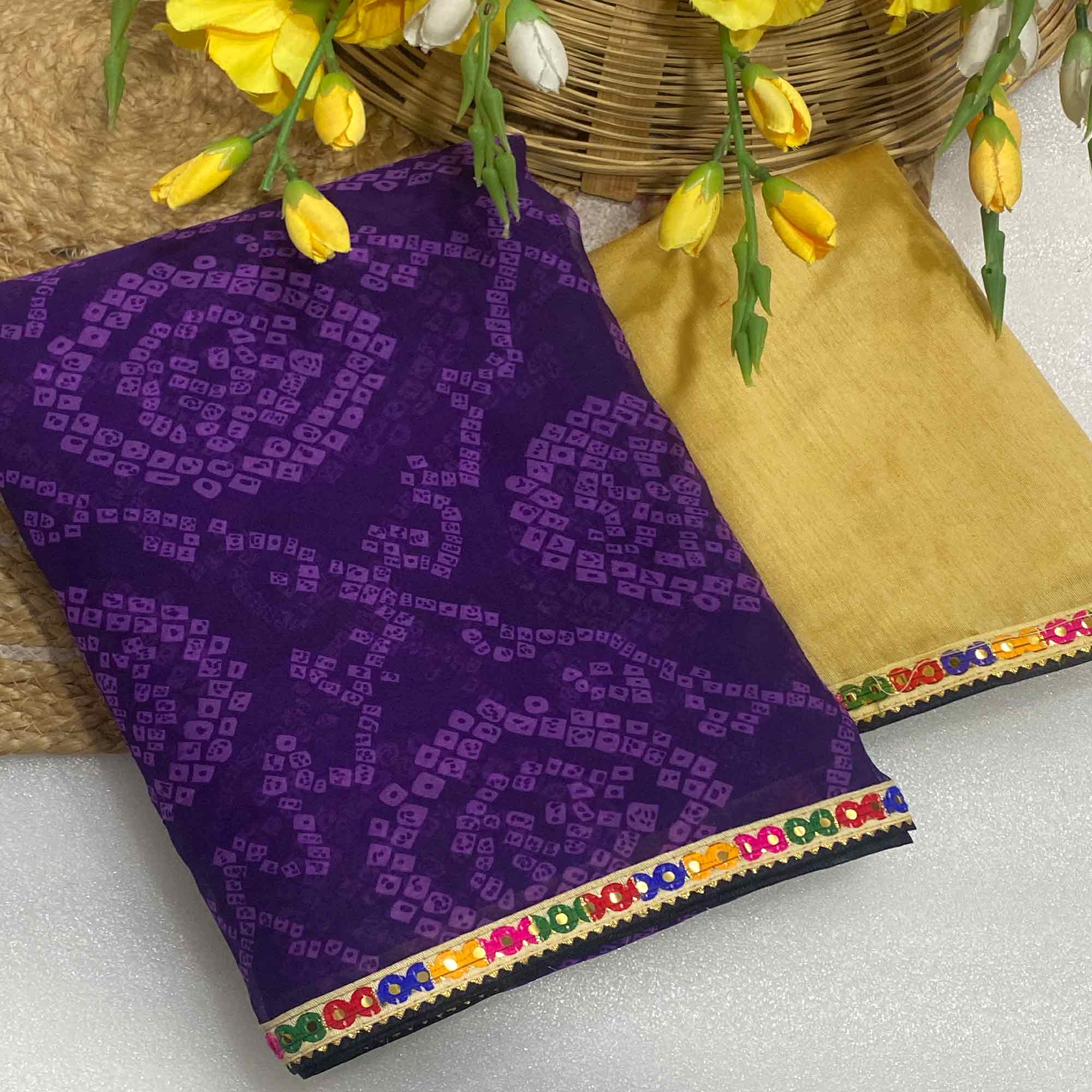 Purple Bandhej Printed Georgette Saree with Flowy Drape