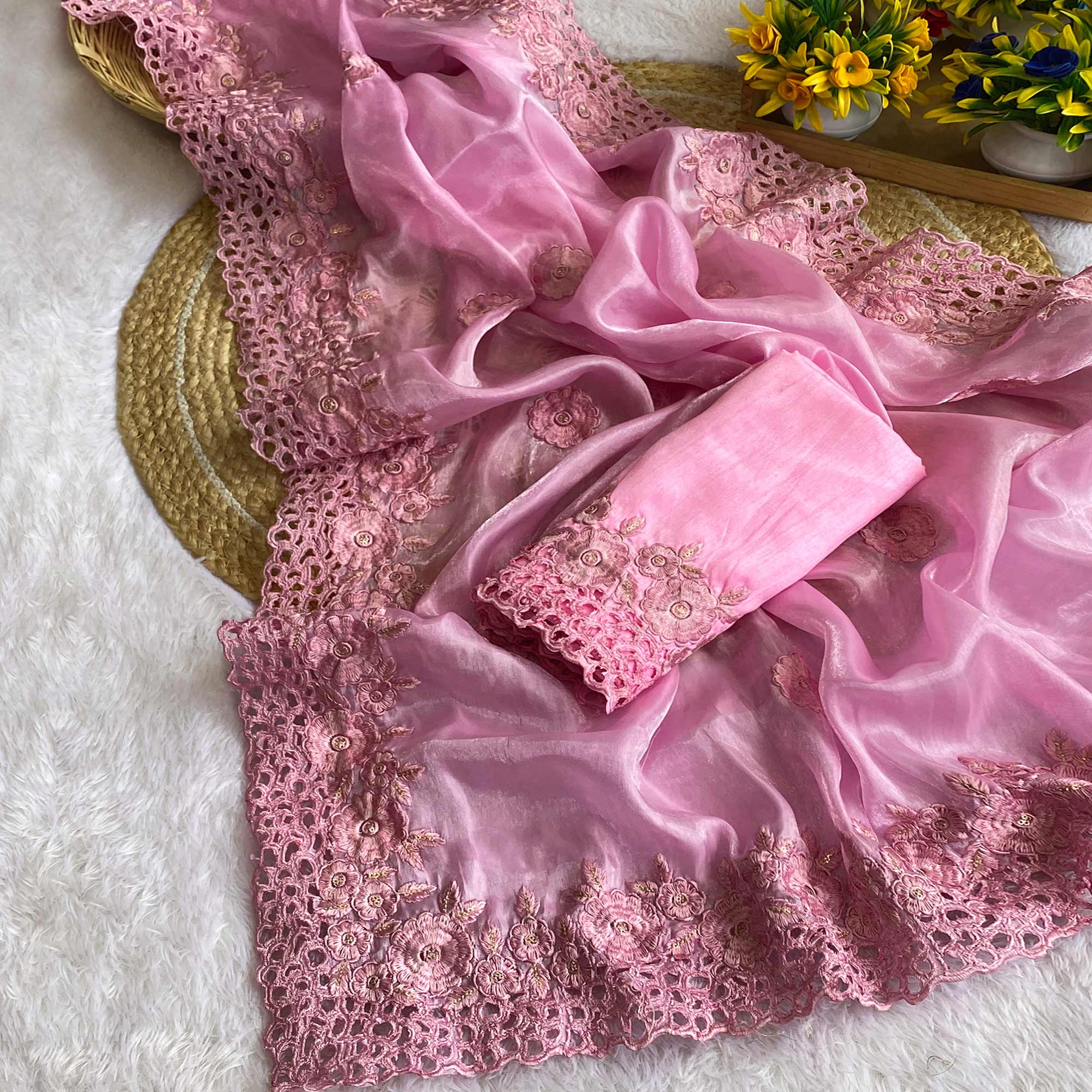 Pink Grace In Satin Jimmy Choo Fabric With Intricate Floral Thread Embroidery