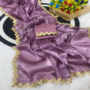 Purple Tissue Saree Featuring Solid Finish and Delicate Lace Work by Jimmy Choo Style