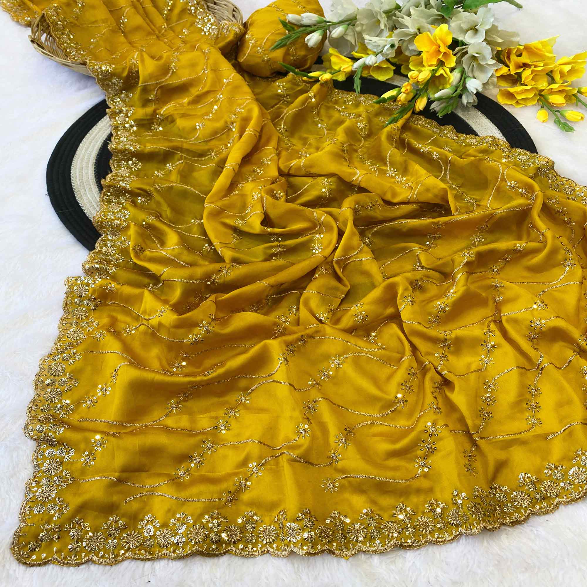 Mustard Silk Blend Saree with Intricate Thread Embroidery