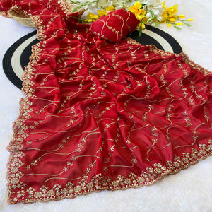 Red Silk Blend Saree with Intricate Thread Embroidery