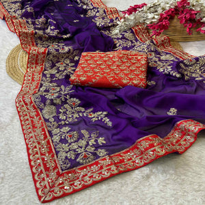 Designer Violet Embroidered Satin Saree with Fine Thread Detailing