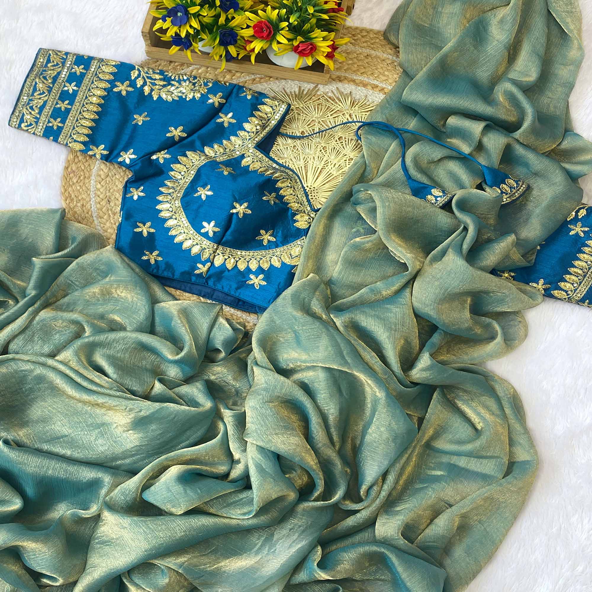 Shimmering Satin Saree with Two-Tone Sea Green Hues