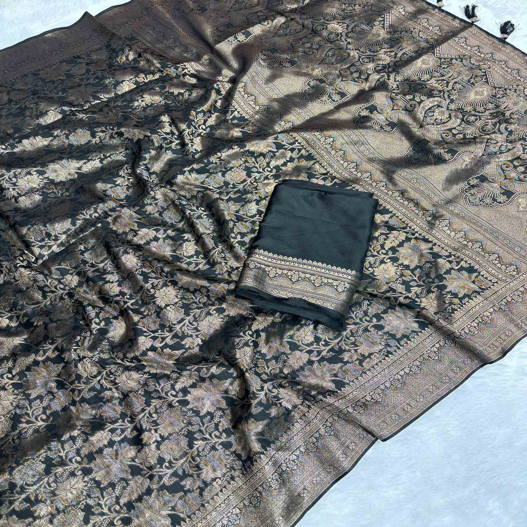 Black Floral Woven Saree in Premium Pure Silk