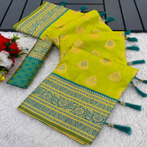 Rich Green Banarasi Look Pure Silk Saree with Zari Butti Weaving