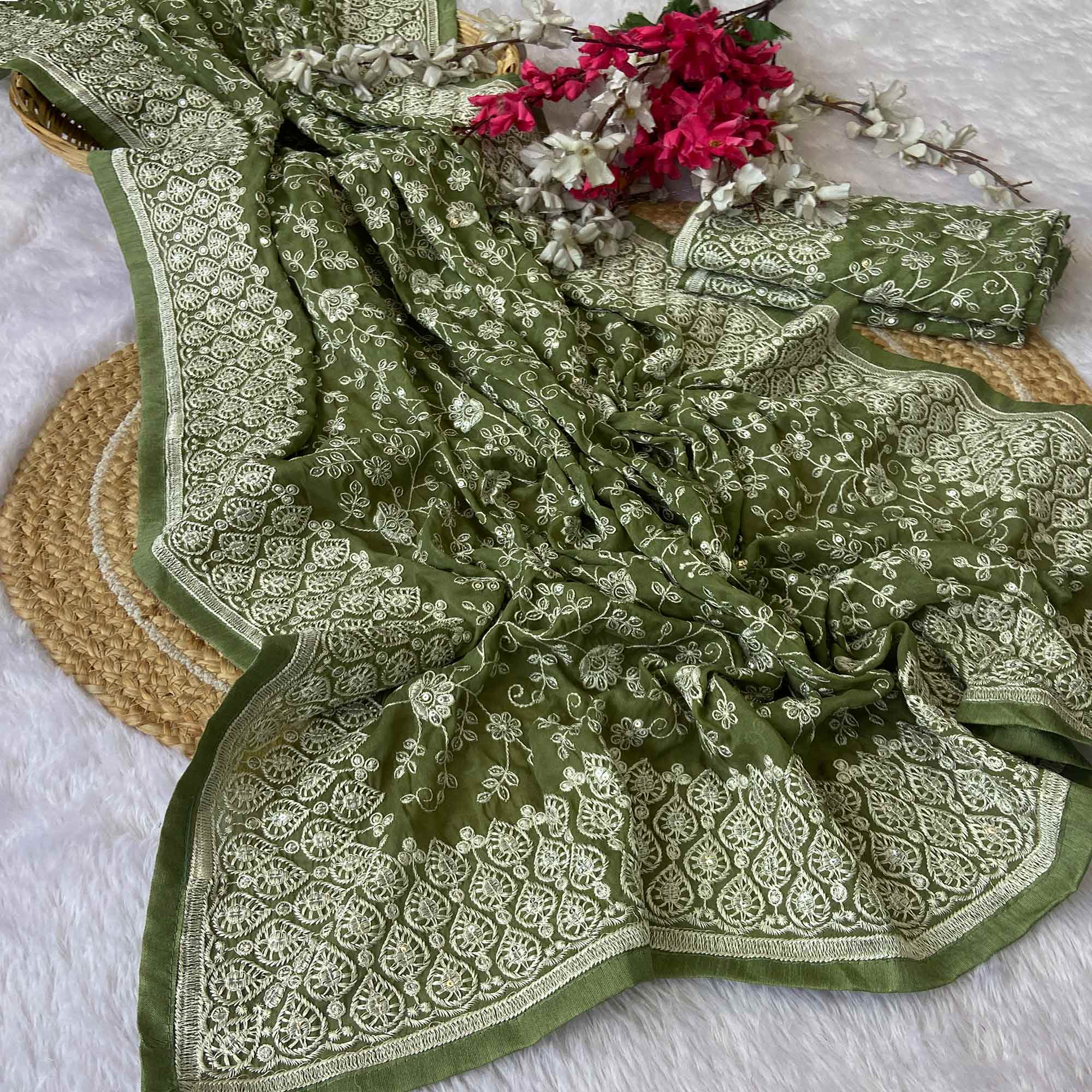 Green Georgette Saree With Sparkling Sequins & Delicate Floral Embroidery