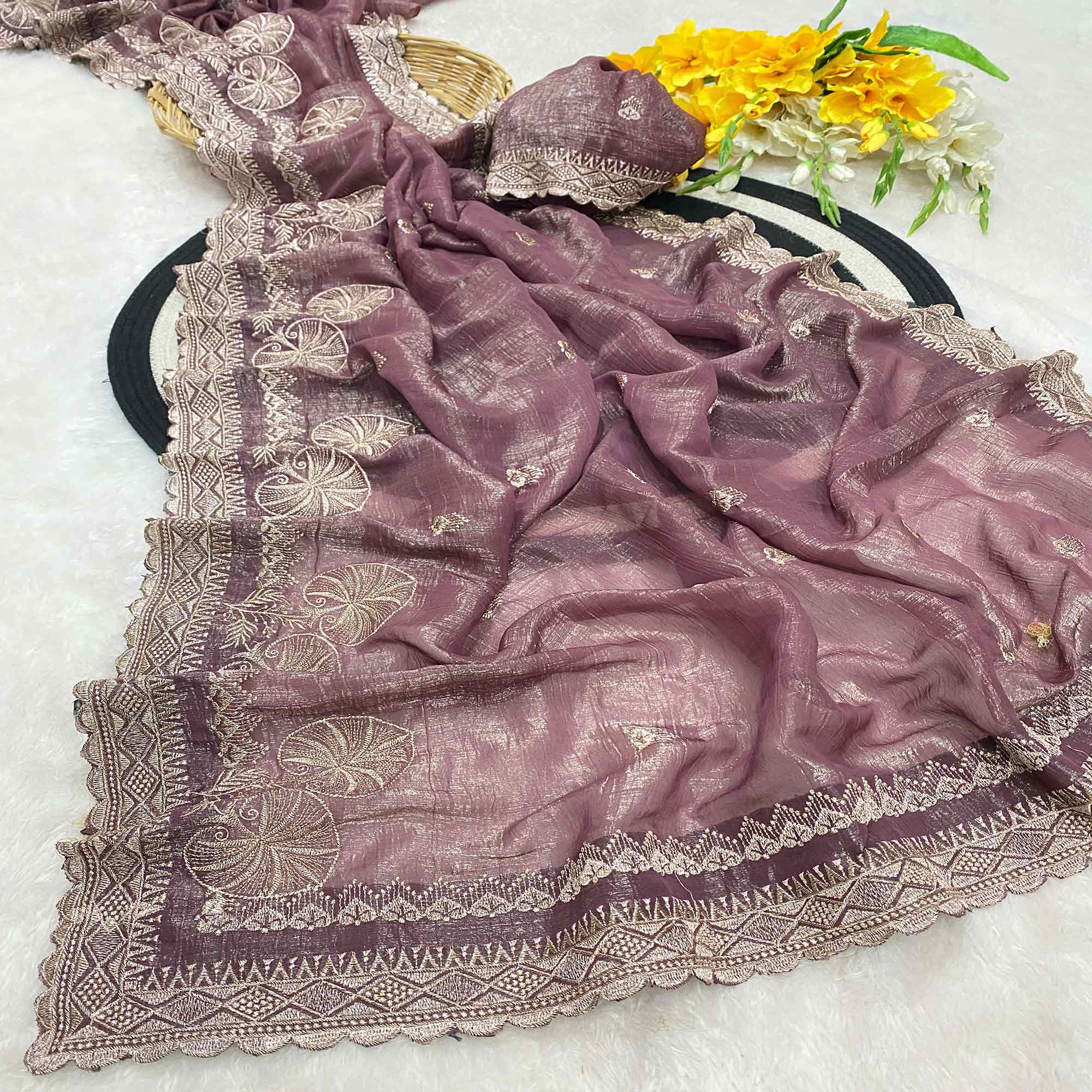 Purple Thread Work Chiffon Silk Saree Premium Crunchy Texture Festive Wear