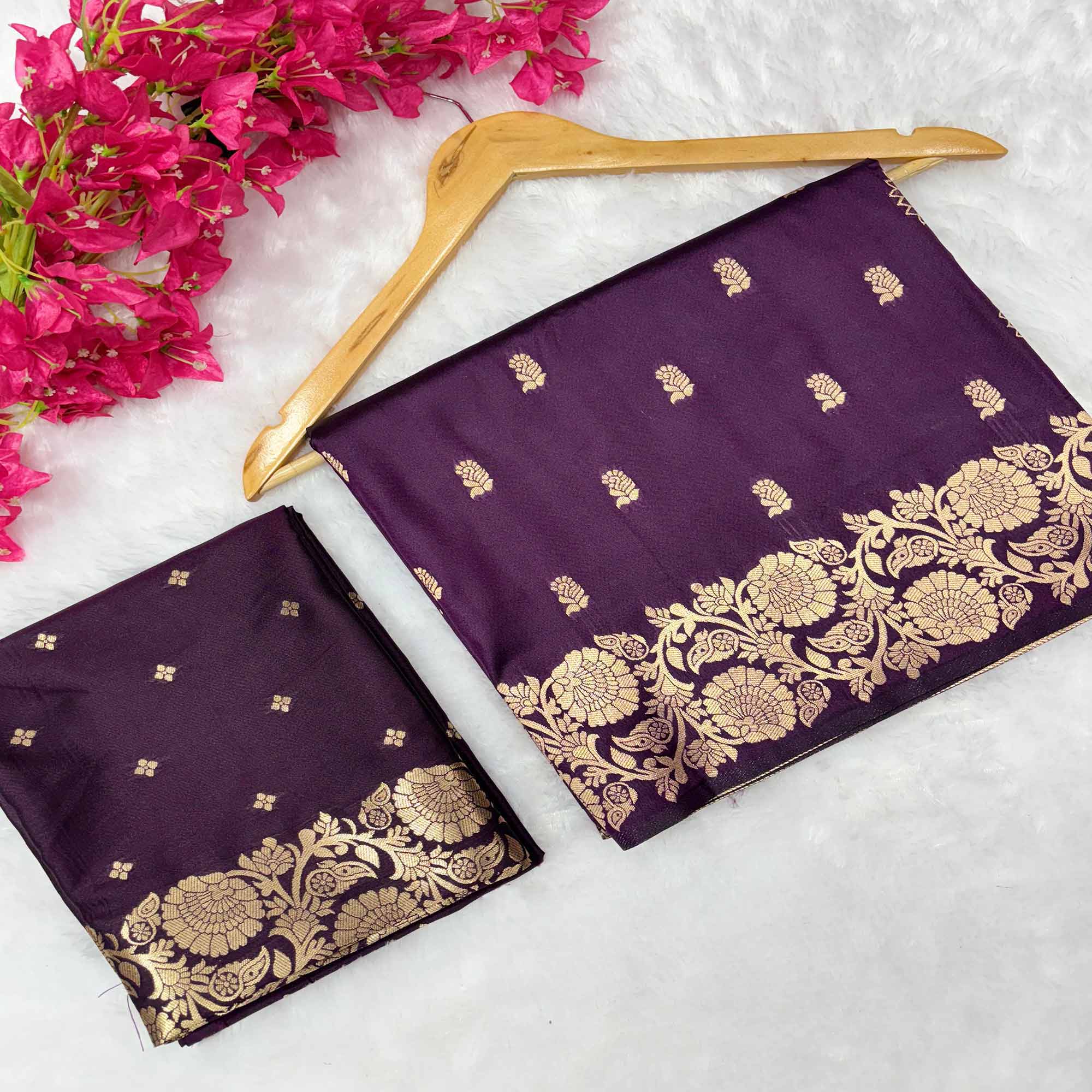 Wine Banarasi Silk Saree with Traditional Weaving