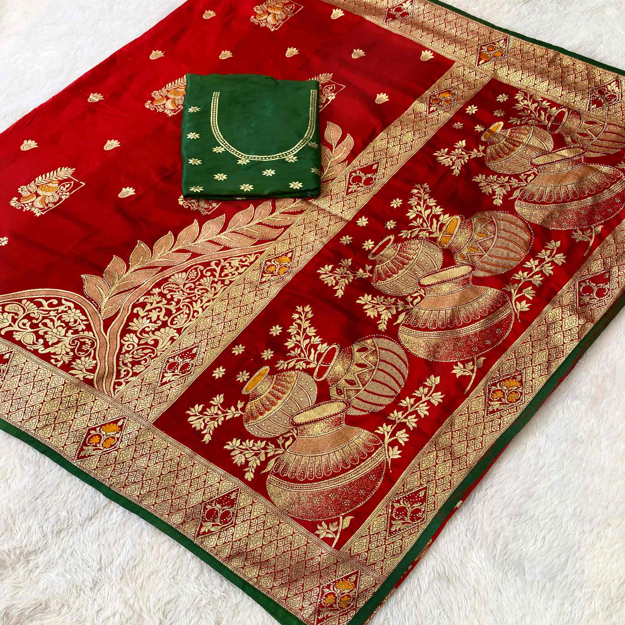 Red Dola Silk Saree With Intricate Floral Zari Weaving Elegance