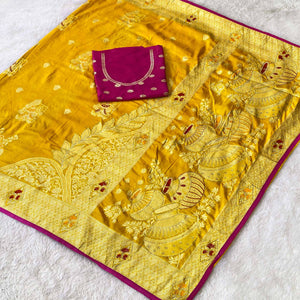 Yellow Dola Silk Saree With Intricate Floral Zari Weaving Elegance