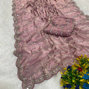Dusty Pink Designer Satin Partywear Saree Enhanced with Sparkling Sequins Work