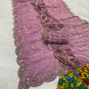Mauve Designer Satin Partywear Saree Enhanced with Sparkling Sequins Work