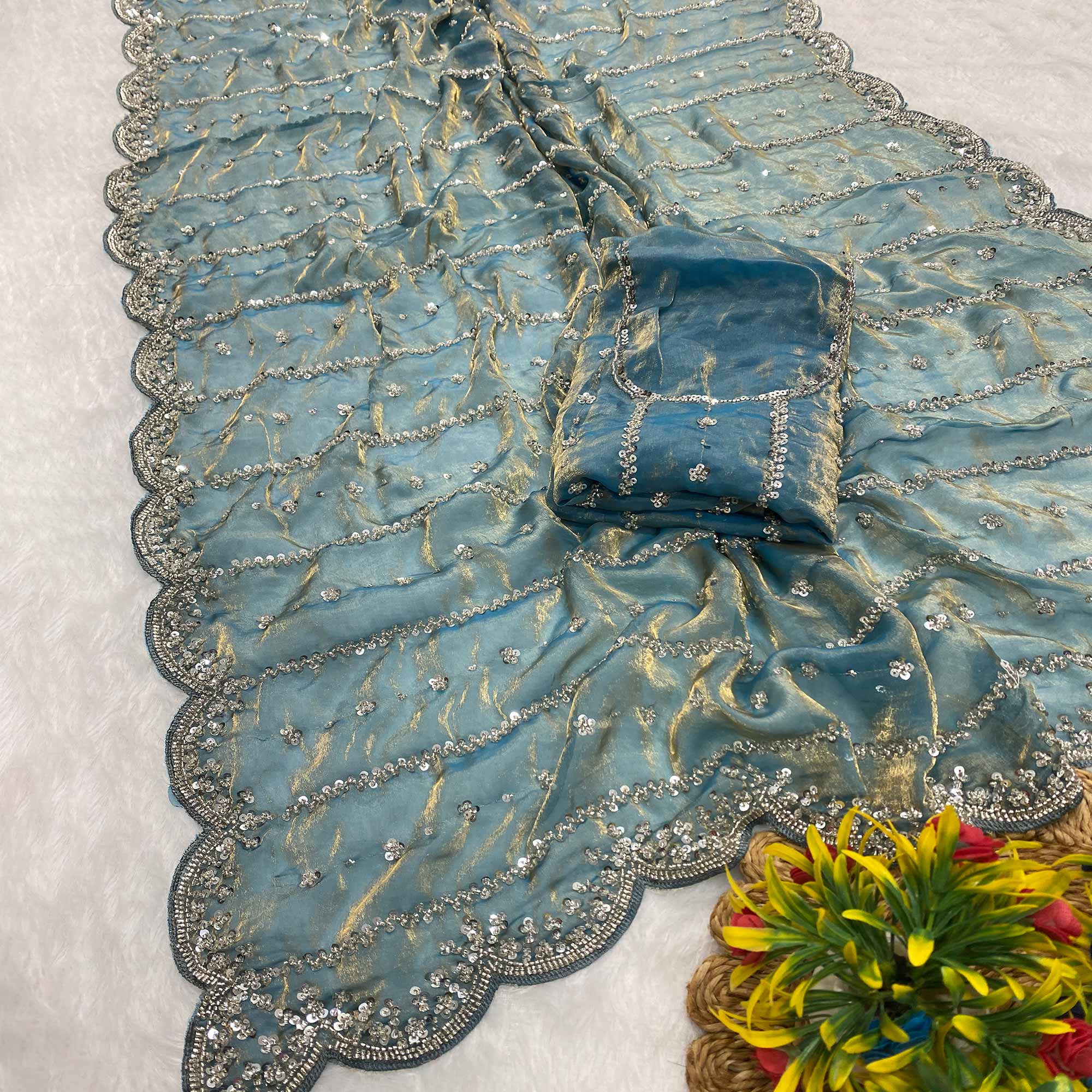 Teal Designer Satin Partywear Saree Enhanced with Sparkling Sequins Work