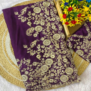 Purple Floral Cording Embroidered Saree With Sparkling Sequins On Satin Rangoli Fabric