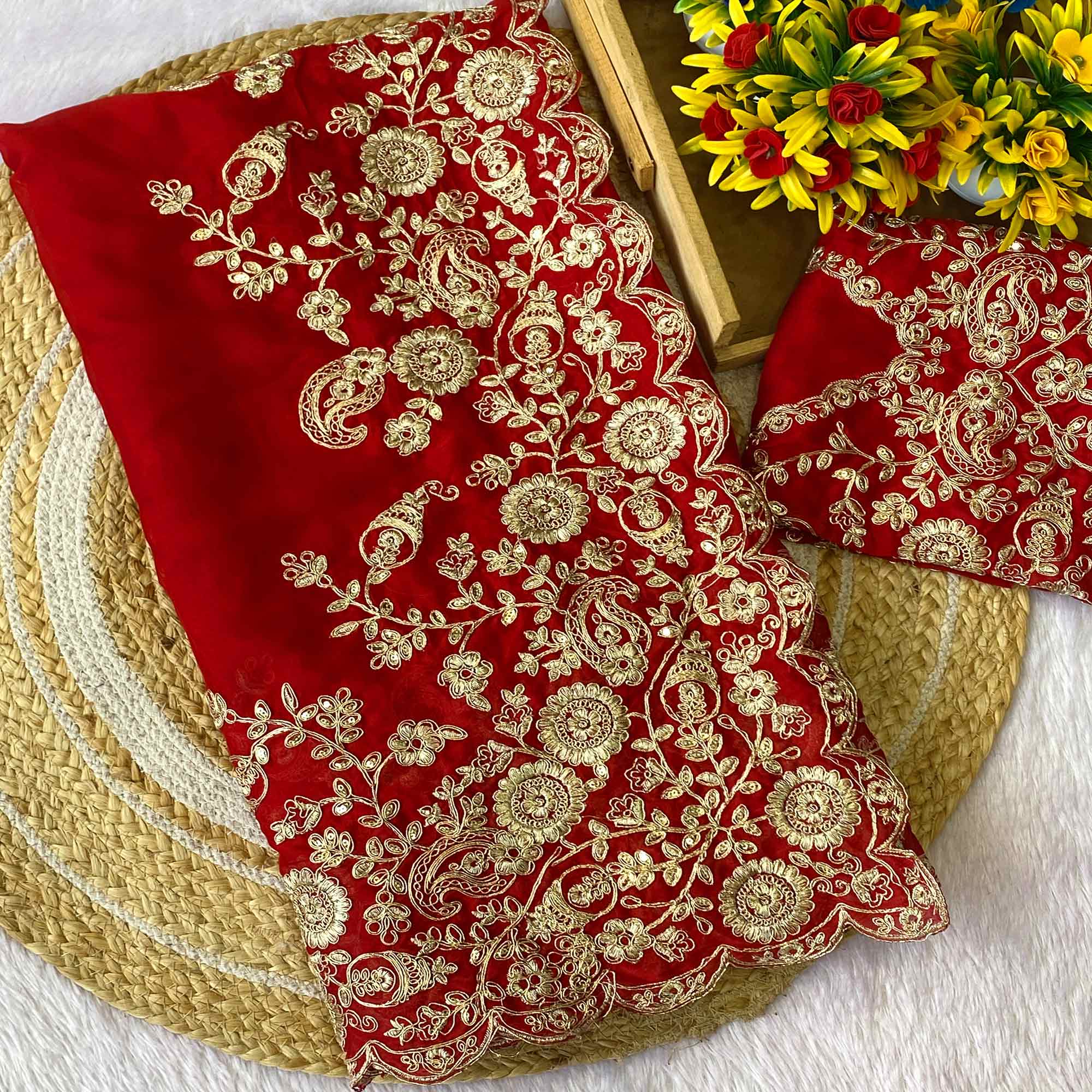Red Floral Cording Embroidered Saree With Sparkling Sequins On Satin Rangoli Fabric