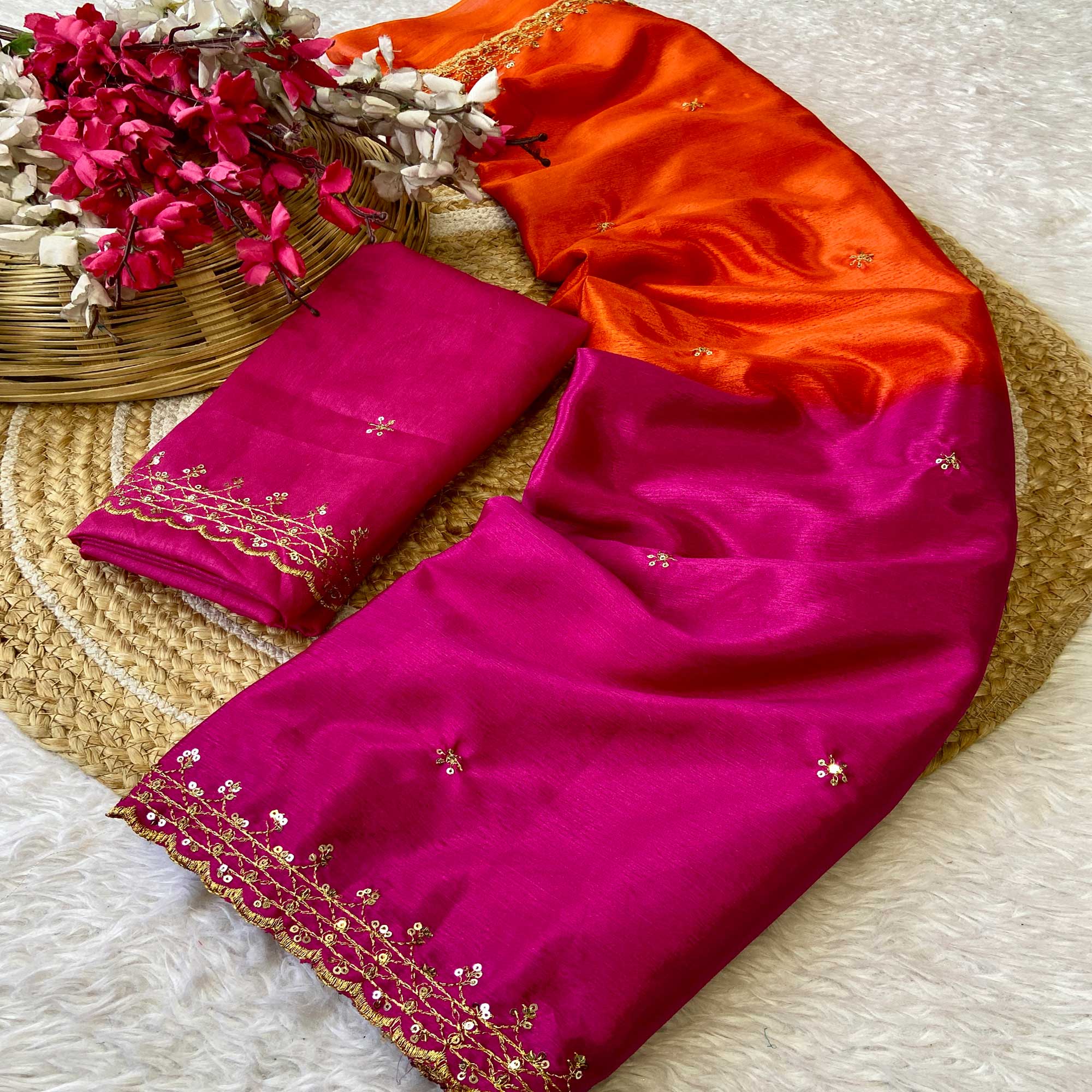 Pink & Orange Chinon Saree With Delicate Floral Sequins Work And Lace Border