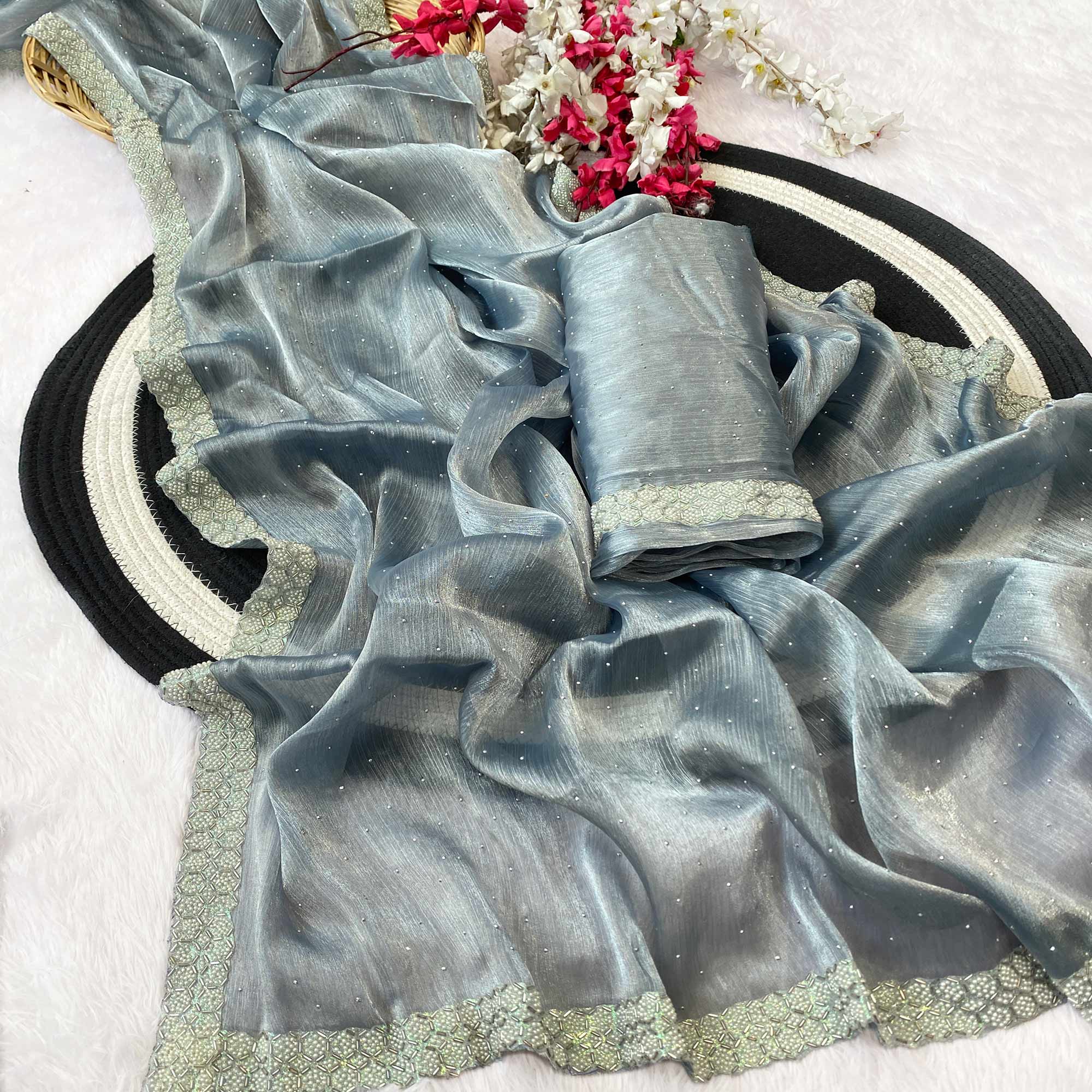 Grey Satin Burberry Saree Adorned With Sparkling Swarovski & Elegant Moti Work Border